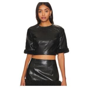 Milly Rainey Crinkled Faux Leather Crop Top XS Black‎